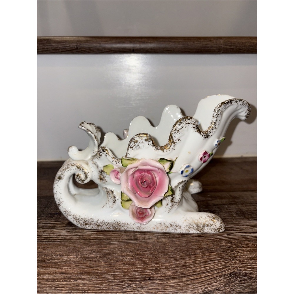 Lefton Floral Ceramic Sleigh Planter Vase Dish Gold Accent Trim